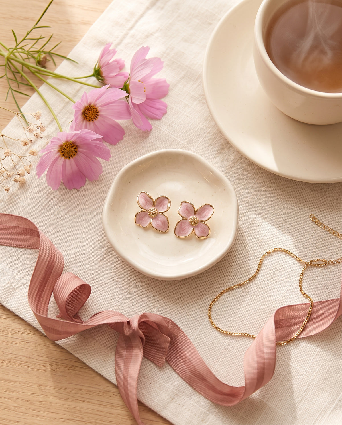 Enamel Flower Earrings — Pink