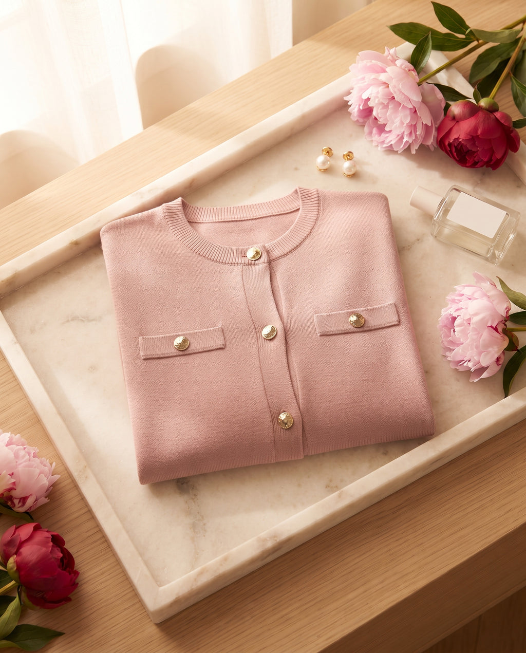 The Short-Sleeve Knit Cardigan — Pink