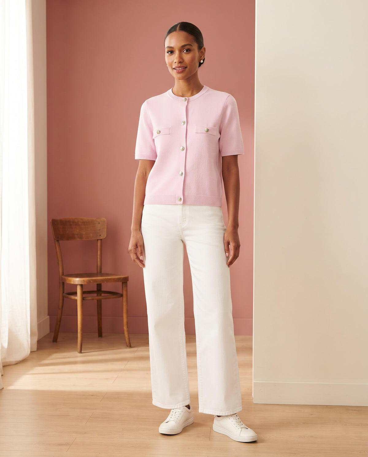 The Short-Sleeve Knit Cardigan — Pink