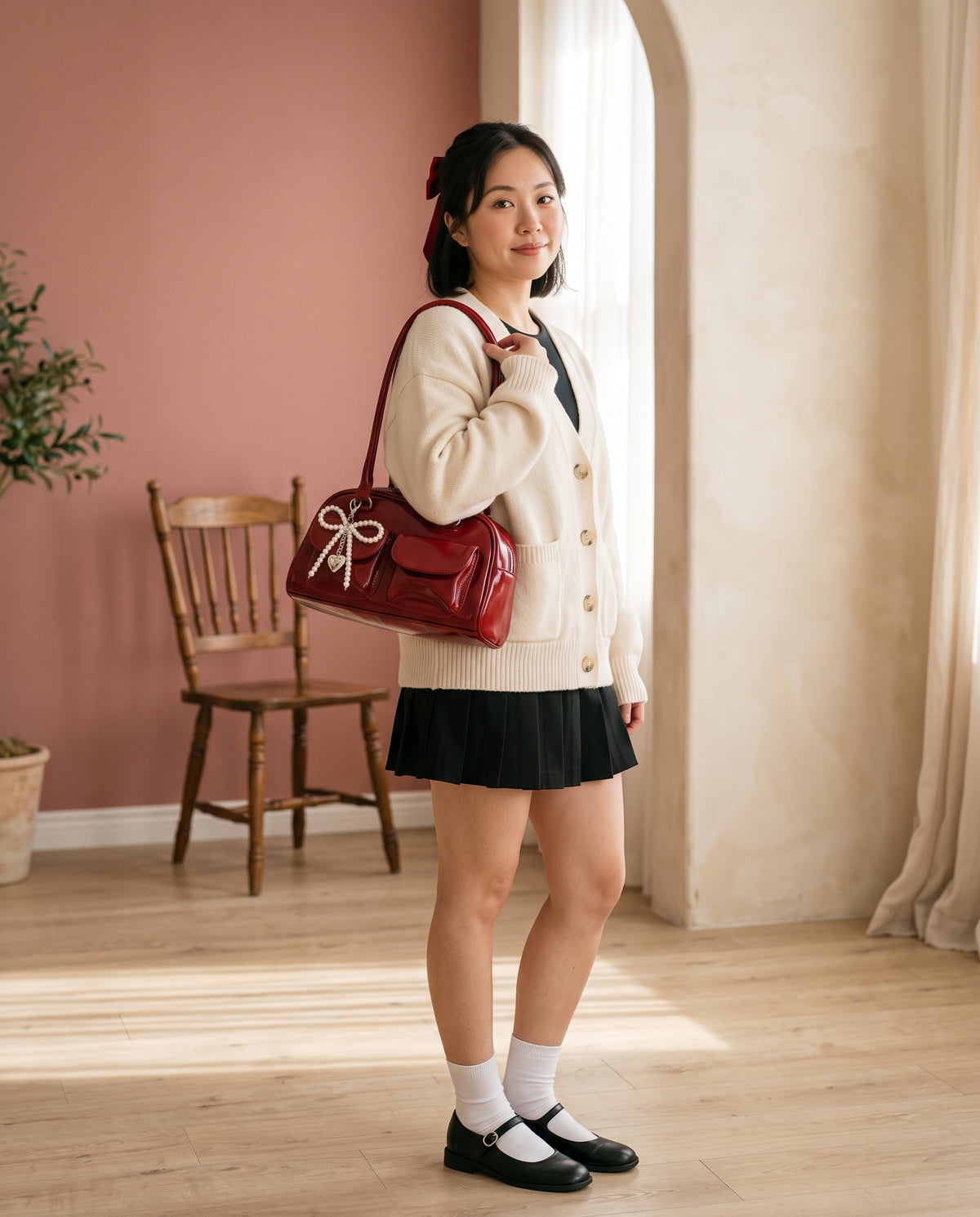 The Bow Charm Shoulder Bag — Cherry