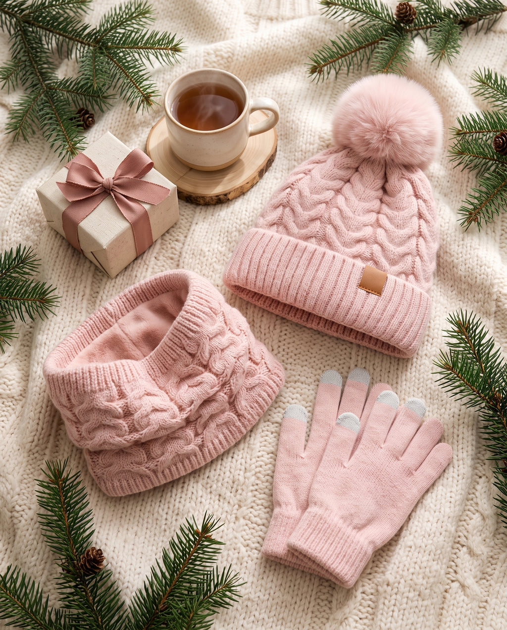 Pom-Pom Beanie, Gloves & Neck Warmer Set — Pink