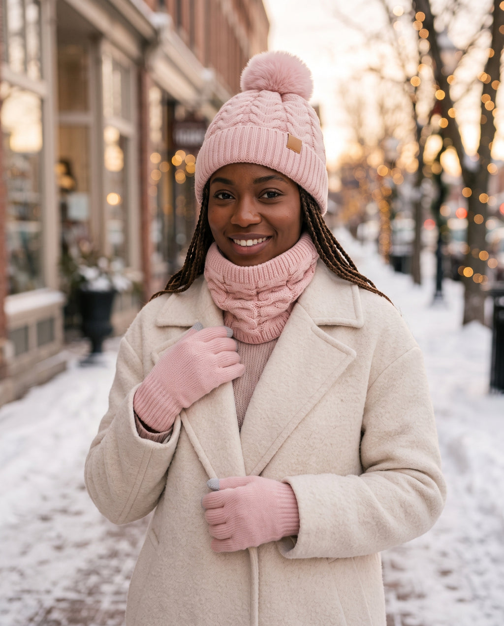Pom-Pom Beanie, Gloves & Neck Warmer Set — Pink