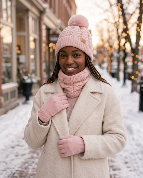 Pom-Pom Beanie, Gloves & Neck Warmer Set — Pink