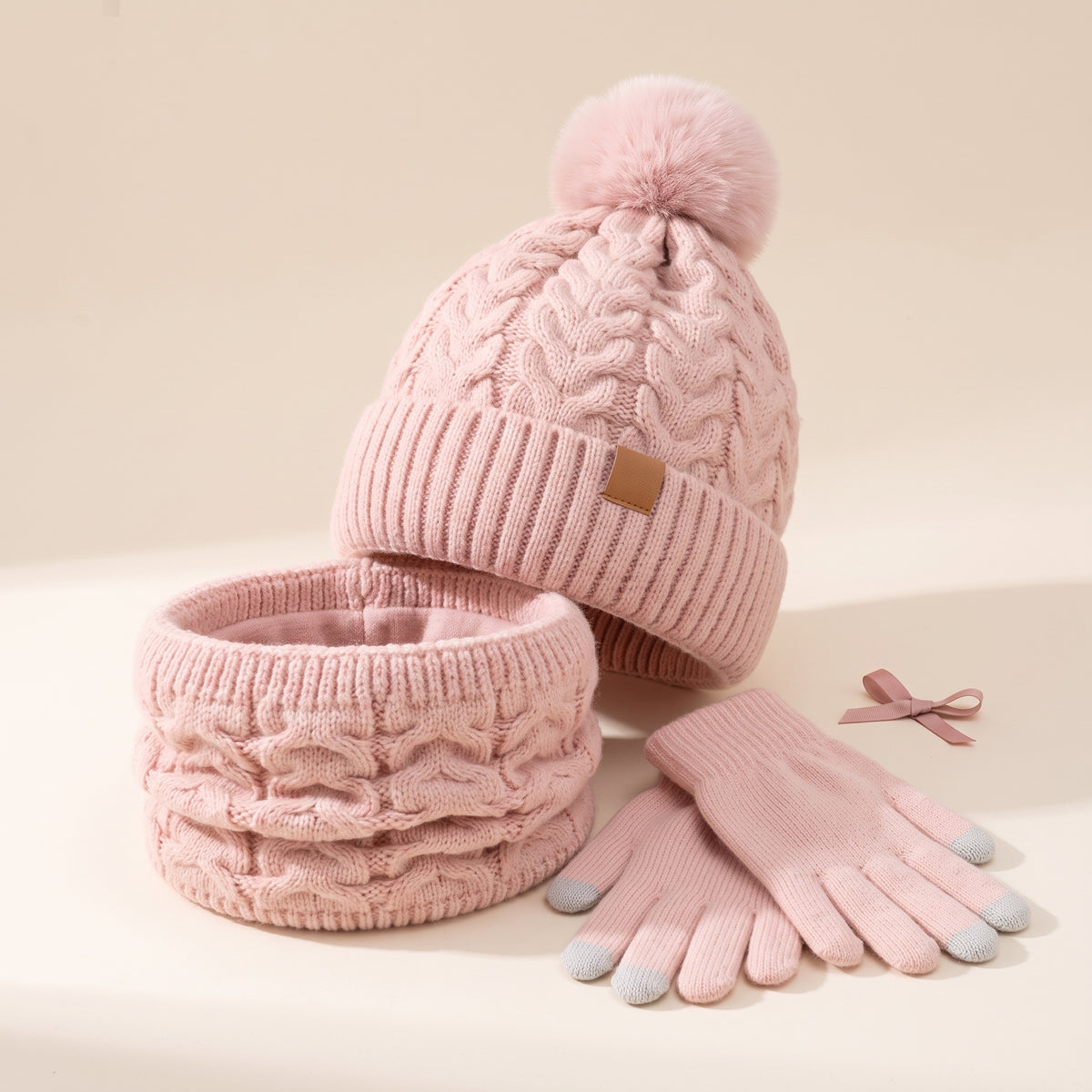 Pom-Pom Beanie, Gloves & Neck Warmer Set — Pink