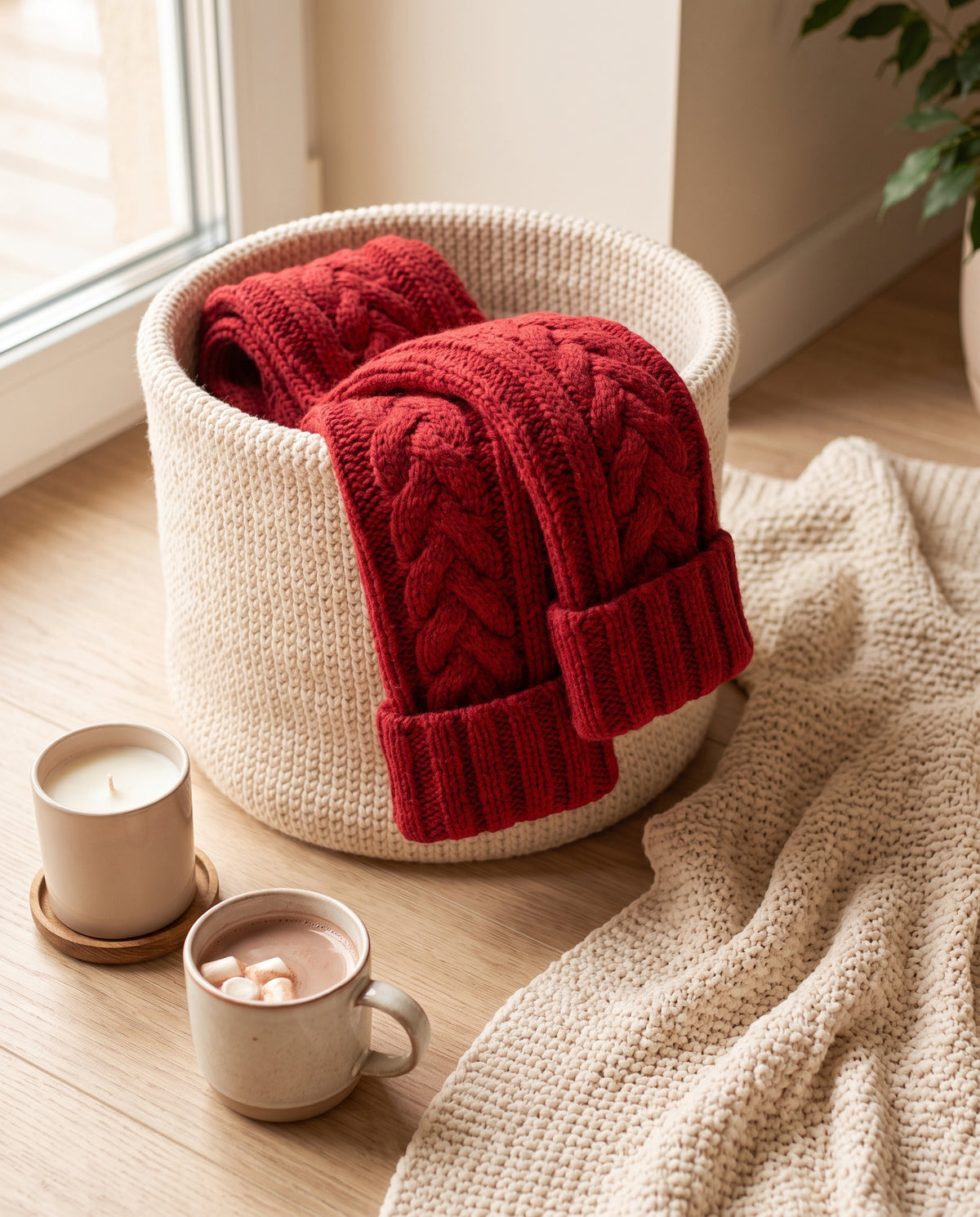 Cable Knit Over-the-Knee Socks — Cherry