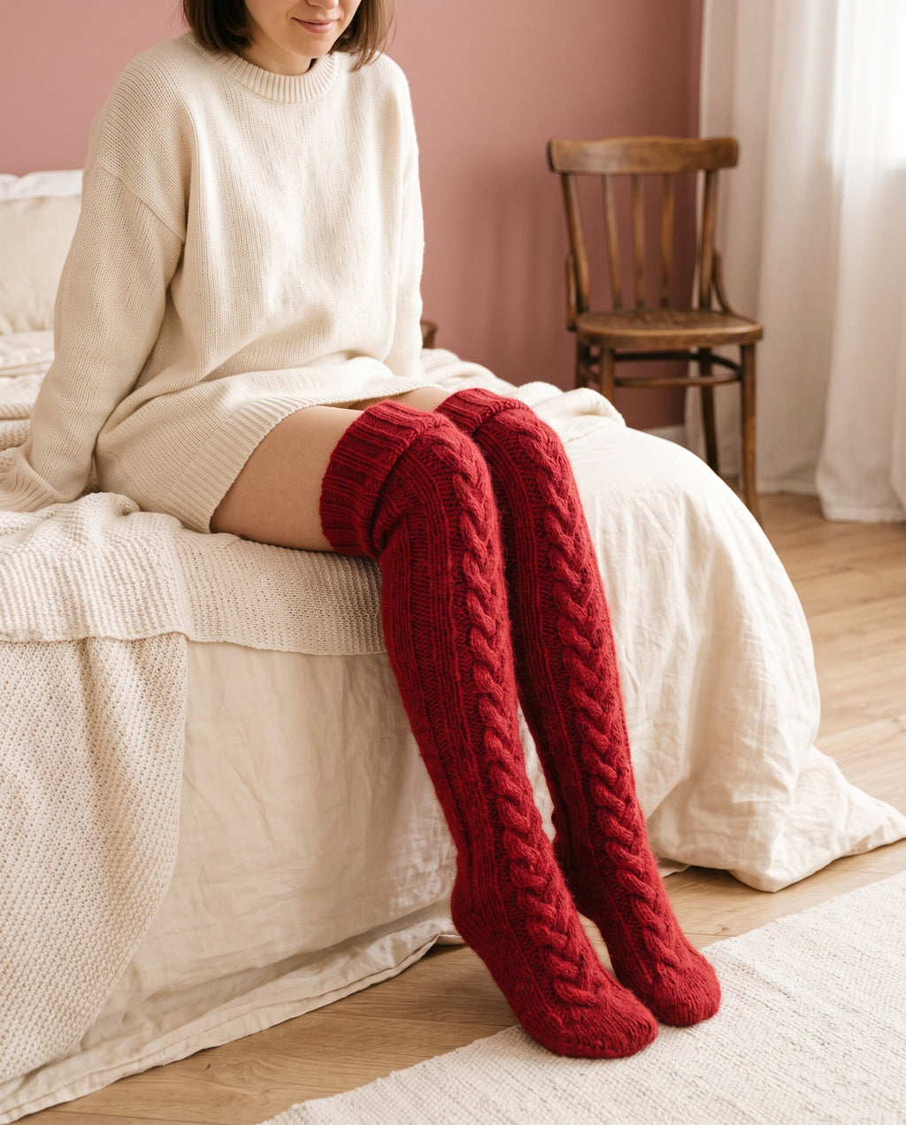 Cable Knit Over-the-Knee Socks — Cherry
