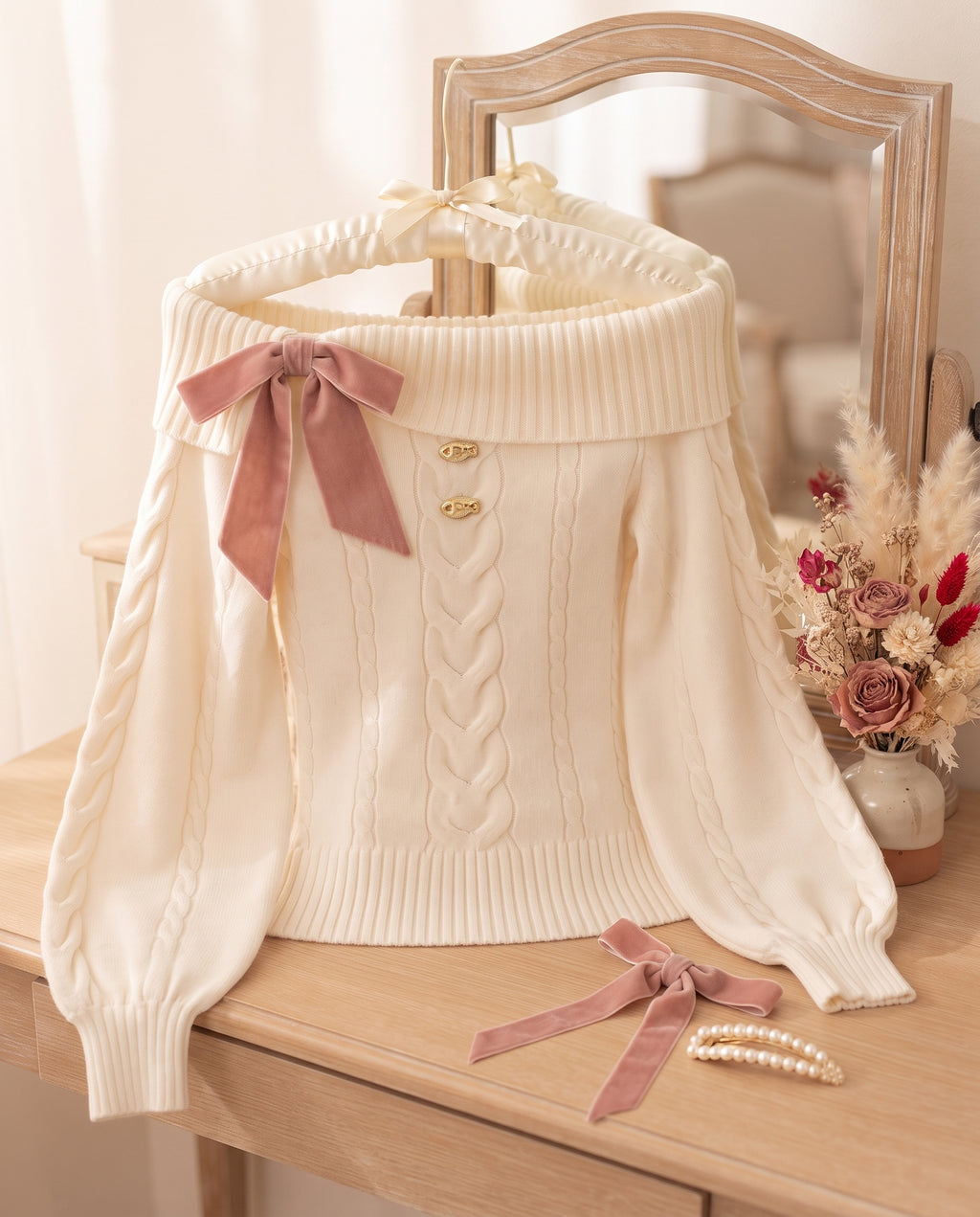 The Off-Shoulder Bow Sweater — Cream