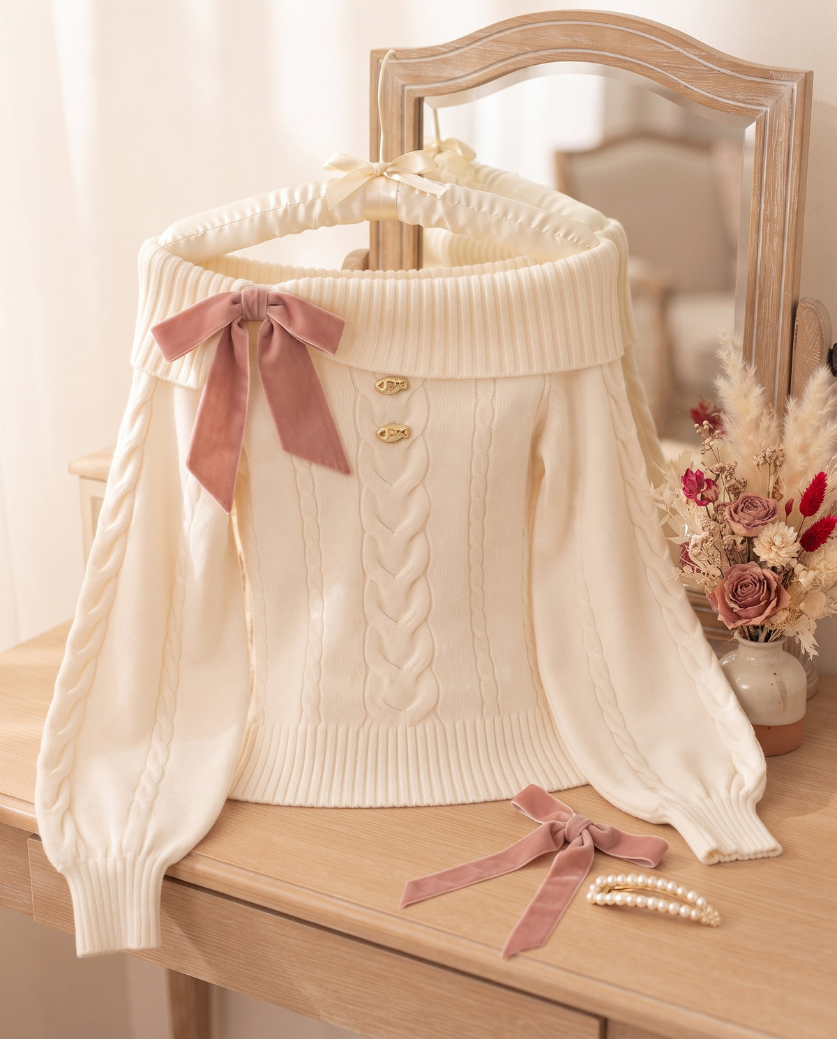 The Off-Shoulder Bow Sweater — Cream